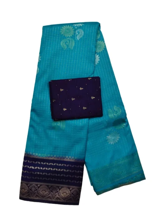 Dark Skyblue Checks Flower Design With Navy Blue Rich Border