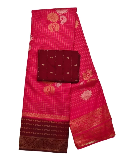 Light Red Checks Flower Design With Maroon Rich Border