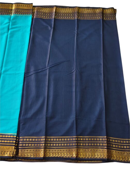 Semi mysore silk saree rama green with nevy blue border retro style - Image 4