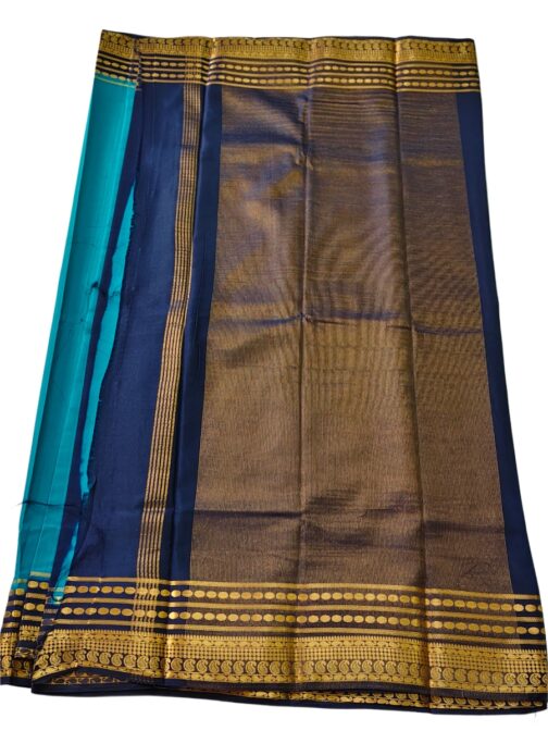 Semi mysore silk saree rama green with nevy blue border retro style - Image 3