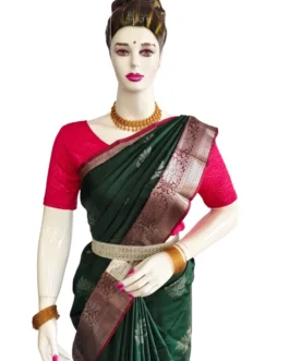 Bottle Green Colour Soft Silk Saree With Pink Border