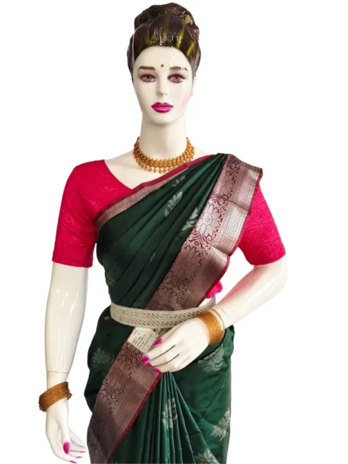 Bottle Green Colour Soft Silk Saree With Pink Border