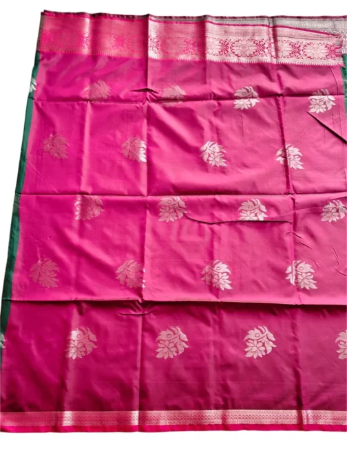 Bottle Green Colour Soft Silk Saree With Pink Border - Image 3