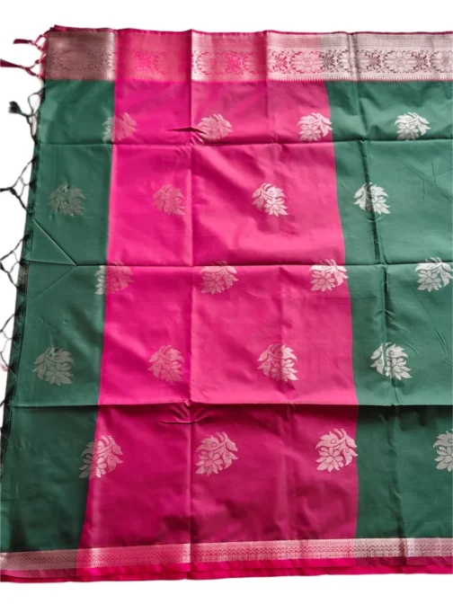 Bottle Green Colour Soft Silk Saree With Pink Border - Image 4