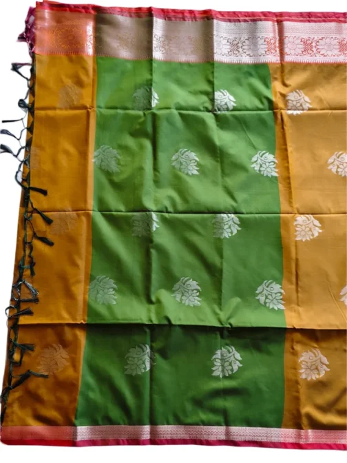 Fenugreek Colour Soft Silk Saree With Red Border - Image 3