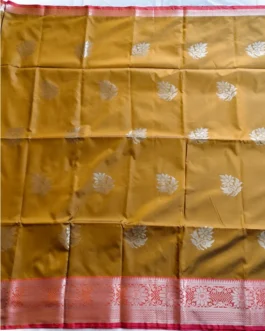 Fenugreek Colour Soft Silk Saree With Red Border