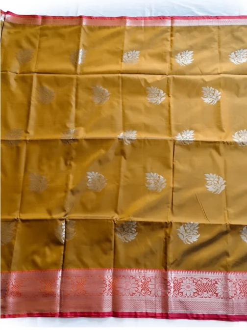 Fenugreek Colour Soft Silk Saree With Red Border - Image 2