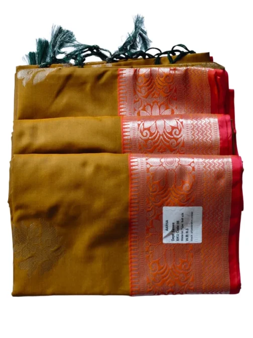 Fenugreek Colour Soft Silk Saree With Red Border