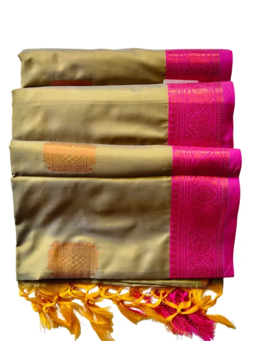 Royal Beige Colour Soft Silk Saree With Butta Pink Colour Rich Border