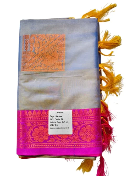 Grey Colour Soft Silk Saree With Butta Pink Colour Rich Border