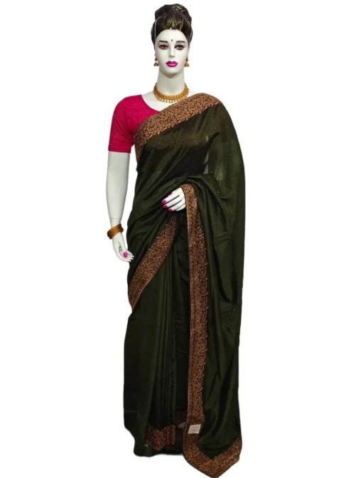 Bottle Green Colour Vichithra Silk Designer Saree With Work Blouse - Image 2
