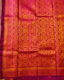 Light Peach Kanjivaram Silk Saree With Magenta Colour Rich Border