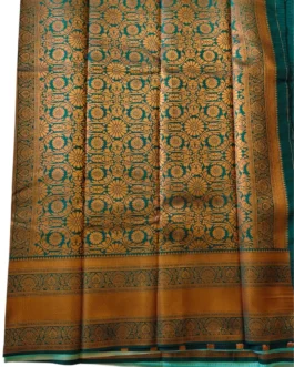 Kanjivaram Silk Saree Stripes Design Distemper With Bottle Green Rich Border