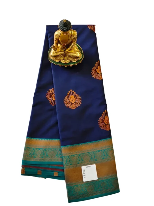 Navy Blue Kanjivaram Silk Saree With Green Colour Rich Border