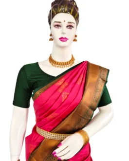 Rani Pink Kanjivaram Silk Saree With Green Colour Rich Border