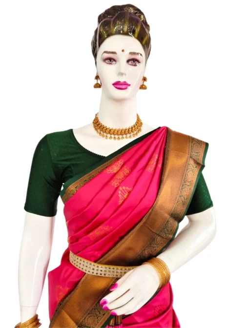 Rani Pink Kanjivaram Silk Saree With Green Colour Rich Border