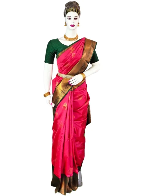 Rani Pink Kanjivaram Silk Saree With Green Colour Rich Border - Image 2