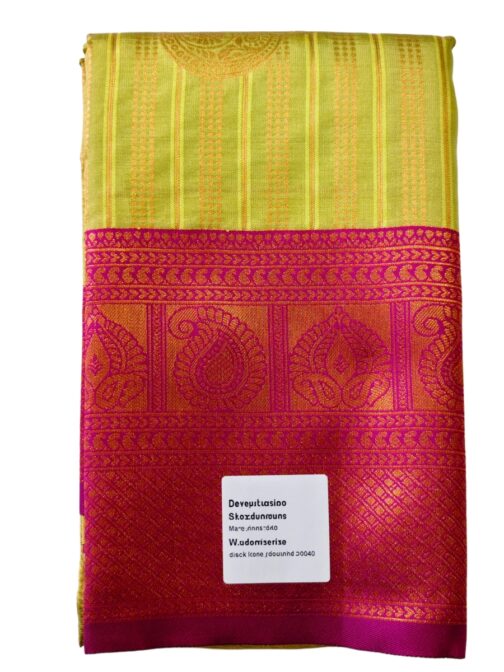 Kanjivaram Silk Saree Stripes Design Parrot Green With Magenta Rich Border - Image 3