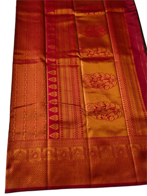 Kanjivaram Silk Saree Stripes Design Bottle Green With Red Rich Border - Image 2