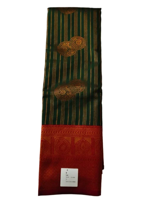 Kanjivaram Silk Saree Stripes Design Bottle Green With Red Rich Border