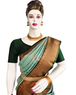 Kanjivaram Silk Saree Stripes Design Distemper With Bottle Green Rich Border