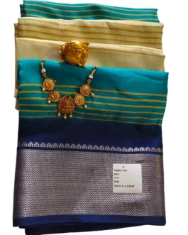 Dola Silk Saree Blue And Cream Stripes Design With Zari Border