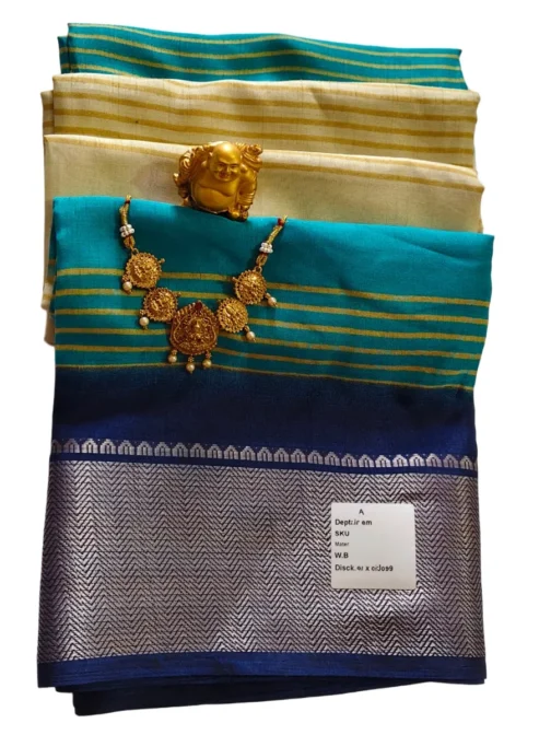 Dola Silk Saree Blue And Cream Stripes Design With Zari Border