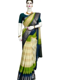 Dola Silk Saree Green And Cream Stripes Design With Zari Border