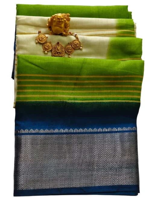 Dola Silk Saree Green And Cream Stripes Design With Zari Border - Image 4