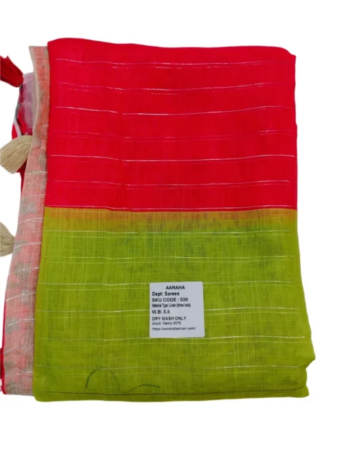 Green And Orange With Cream Colour Linen Saree (Sree Leela)