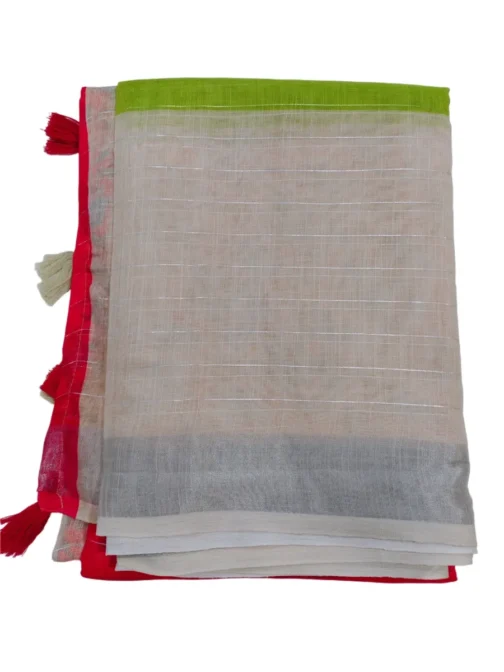 Green And Orange With Cream Colour Linen Saree (Sree Leela) - Image 2