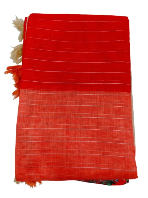 Orange And Red With Cream Colour Linen Saree (Sree Leela) - Image 2