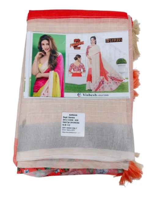 Orange And Red With Cream Colour Linen Saree (Sree Leela)