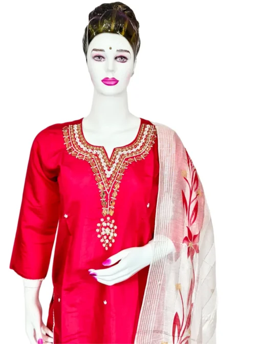 Light red handwork and white printed dupatta 3 pcs kurti set - Image 2