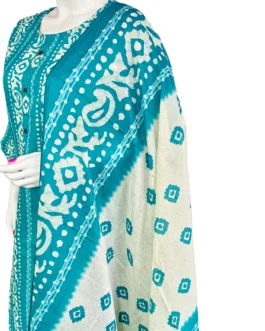 Cotton rama green and white batik print 3 pcs kurti set