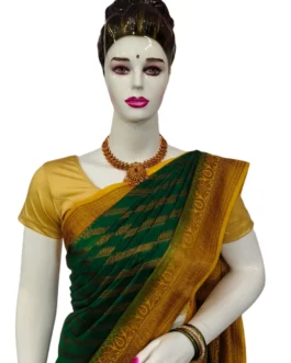 Banarasi silk saree green color with yellow border