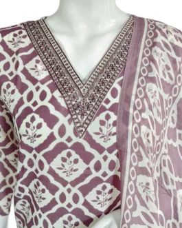 Cotton lavender and white with v neck embroidery work batik 3 pcs kurti set