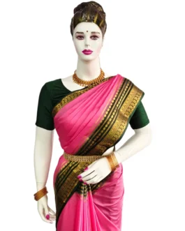 Semi mysore silk saree baby pink with bottle green border retro style