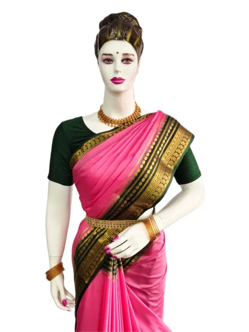 Semi mysore silk saree baby pink with bottle green border retro style