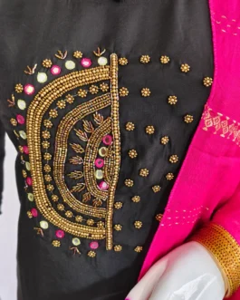 Black handwork with pink color duppatta 3 pcs kutri set