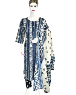 Cotton navy blue and white batik print 3 pcs kurti set