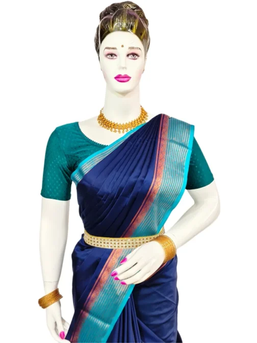 Semi mysore silk saree nevy blue with sky blue border premium