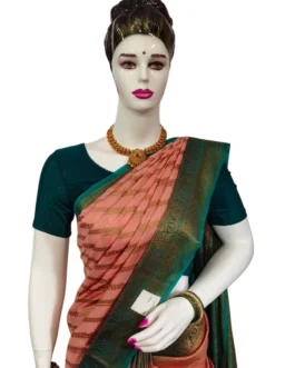 Banarasi silk saree peach color with green border