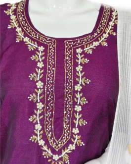 Dark wine color and white pinted  3 pcs kurti set with hand work