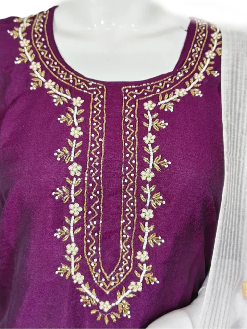 Dark wine color and white pinted  3 pcs kurti set with hand work - Image 2