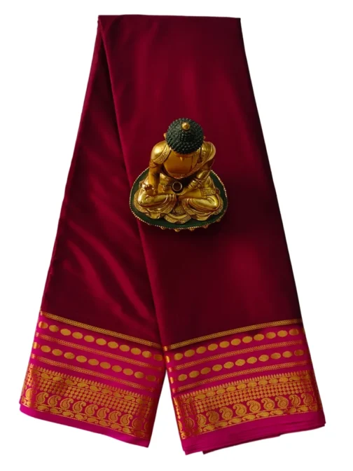 Semi mysore silk saree maroon with pink border retro style