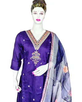Purple color v neck sequence work and organza printed duppatta 3 pcs kurti set
