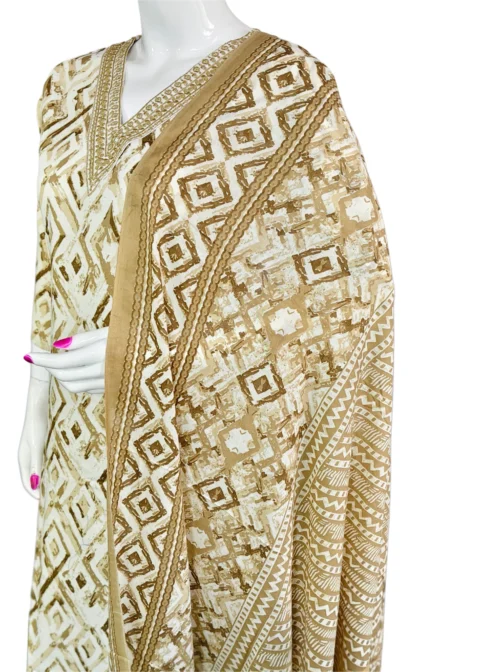 Cotton sand and white with v neck embroidery work batik 3 pcs kurti set - Image 4