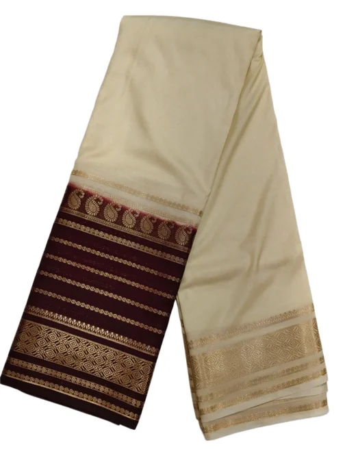 Semi mysore silk saree cream color with maroon color big border