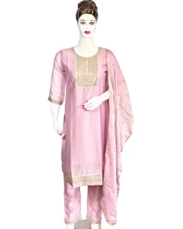 Baby pink organza 3 pcs kurti set with work